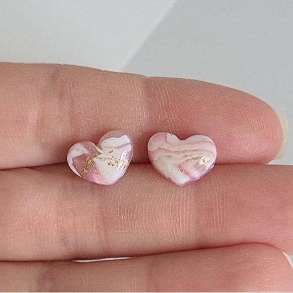 Boho Girly Dainty Mini Pink White Gold Agate Puffy Heart Studs Earrings - Picture 3 of 9